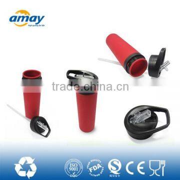 2016New design FOOD GRADE 600ml straw lid and loop lid colorful silicone bottle