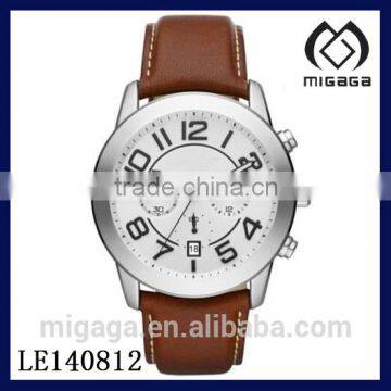 fashion chrono watch for men with date quartz movement date display/Chronograph White Dial Brown Leather Strap Mens Watch