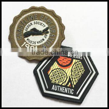 Iron on back customized design high quality woven badge with merrow border