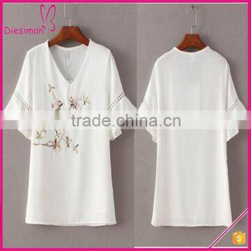 Ladies V Neck Embroidery Design Chiffon White Ruffle Sleeve Blouse Designs