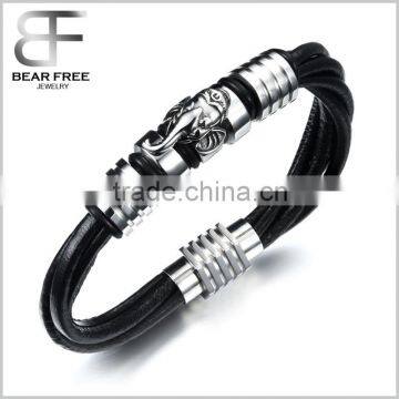 Mens Unique Stainless Steel Elephant Bracelet Leather Bracelet in Black