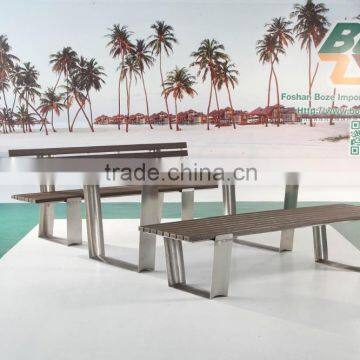 stainless steel plastic wood bench and table, stainless steel garden dining set, plastic wood durable dining furniture