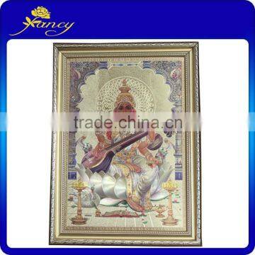 gold hindu sarashwathi god picture with frame