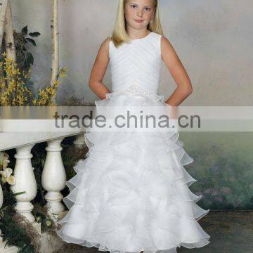 Sleeveless Organza Pleated Hand-Beaded Multi-Tiered Flower Girl Dress Ruffle Skirt (FLMO-3078)