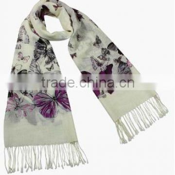 Flower & Butterfly Fine Wool Tassel Ends Long Scarf Shawl