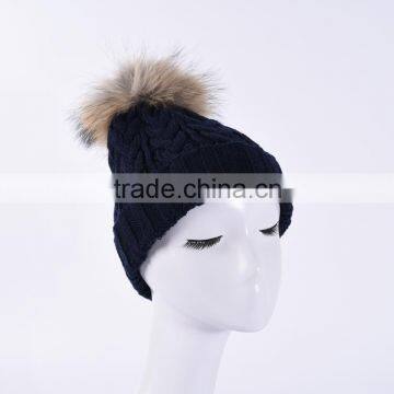 Daily Life Winter Fur Hat Wool Knitted Beanie Hat With Fur Pompoms on Top KZ160075 NAVY photo-3
