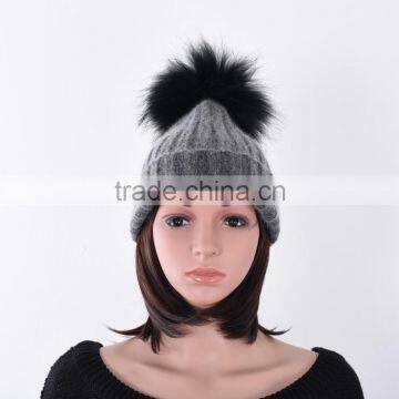 Ladies wool knitting hat with racoon fur pompom beanie hat with top ball KZ160046