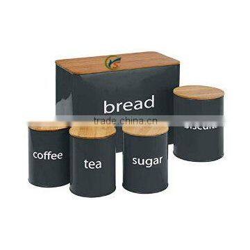 Set of 5 galvanized storage cans with wood lid