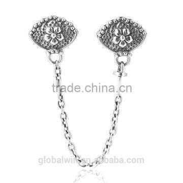 Vintage Royal Embossment Flowers S925 new arrivals safety chain Imitation stone flower automatic adjust silver chain charm A020