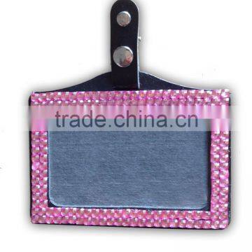 ID Holder with Pink Gem, High Quality Promotion Gift PU Leather Badge Holder with Crystal Gem Decoration