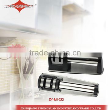 Unique design two-stage knife sharpener with stainless steel safety tray