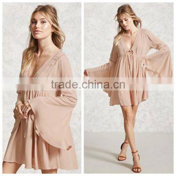 Fashion Long Bell Sleeve Chiffon Embroidery Summer Short Dress Women