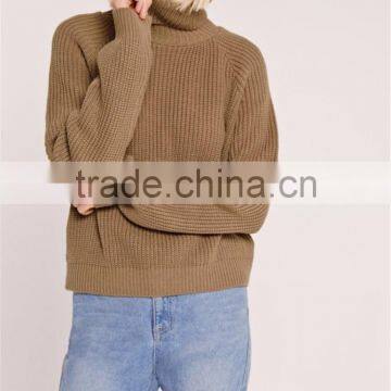 Oversized Drop Shoulder Roll Neck Crop Jumper Knitwear Sweater High Collar Pullover Brown Women Winter Clothings photo-3