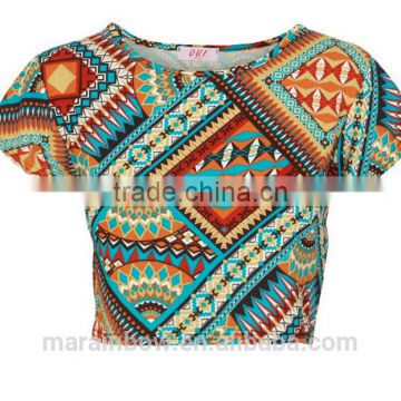 2014 new arrival fashion designer African tribal sublimated all over body Printing short Sleeve Crop Top custom made wholesale