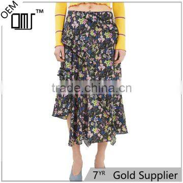 2017 OEM Asymmetrical Pleated Flower-printed High Waisted Skirts