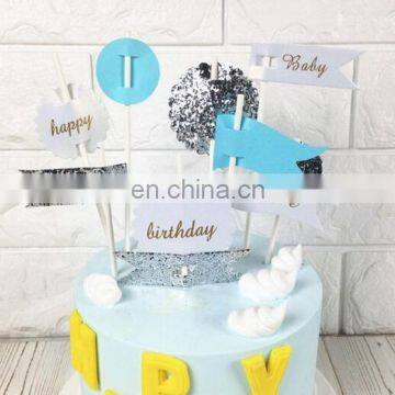 Hot Sale DIY Blue and Glitter Happy Birthday Cake Topper Set Cake Decor