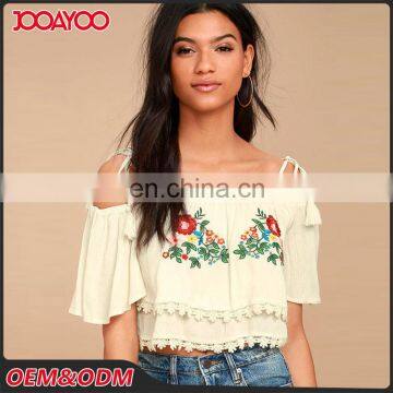 Custom cotton embroidered off shoulder strap women crop top