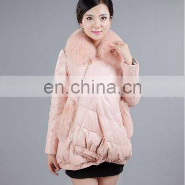 Ladies loose leather down coat with fox fur collar