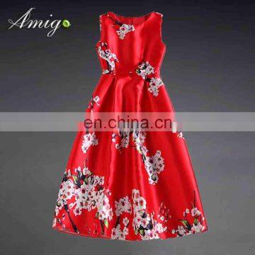 2015 summer new slim short sleeve modest round neck with floral print red wedding dress