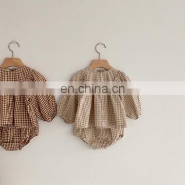 2020 autumn new baby children's suit  plaid puff sleeves blouses + short two-piece suit