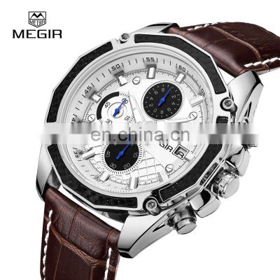 MEGIR 2015 Men Leather Strap Analog Chronograph Calendar Wrist Watch Military Sport Men Wristwatch