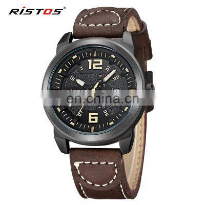 RISTOS 93011 Luxury Quartz Analog Watch Casual Leather Watches Reloj Masculino Men Watch Date Calendar