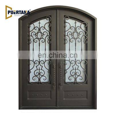 Arched Top Wrought Iron French Double Front Entry Door With Sidelights & Transom Exterior Steel Main Entrance Door Grill Design photo-5