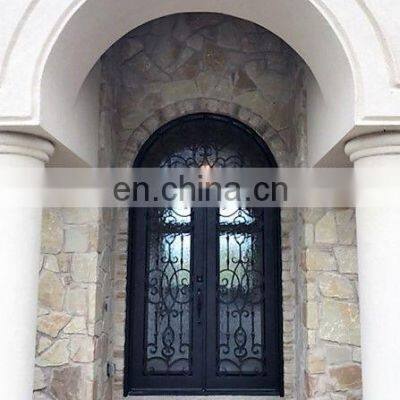 Luxury Houses Front High Arched Double Glass Transom Design Waterproof Privacy Best Security Metal Wrought Iron Doors for Homes