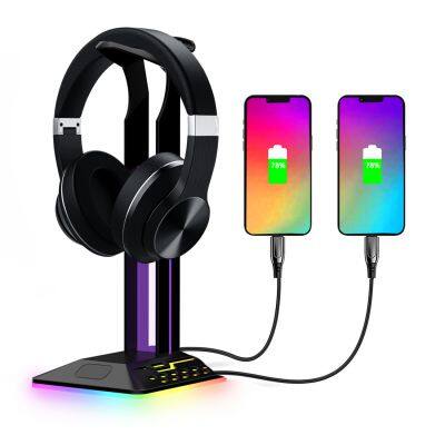 Desktop Dual Type-C USB Ports Headphone Hanger RGB Strip Light Headset Holder RGB Gaming Headphone Stand