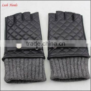 ladies winter fingerless leather gloves with grey knitting ending