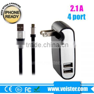 Hot sale ! 5v2.1a home charger with 4 port micro usb us plug travel charger with collapsible plug for iPhone