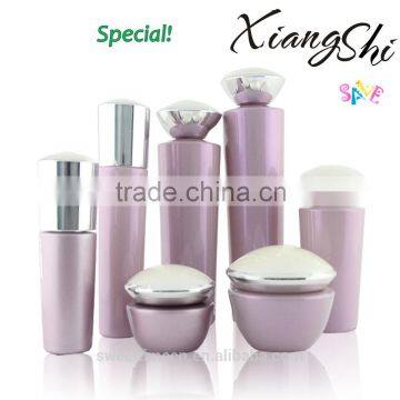 Pink elegant cosmetic bottle/jar for lotion with aluminum cap and spray