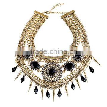 Wholesale Fashion Jewelry exaggerated nation wind restoring ancient ways geometric rivet Rhinestones tassel short necklace