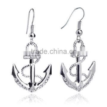 Long Earings 18k White Gold Plated Silver Color Austrian Crystal Rhinestone Dangle Anchor Earring