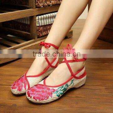 Women's Shoes Old Peking Flower Embroidered Lace Up Linen Cotton Cloth Walking Flat Shoes Oxford Sole photo-2