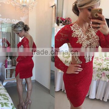 (MY2930) MARRY YOU Sexy Long Sleeve Lace Beadings Backless Short Red Cocktail Party Dress                        
                                                Quality Choice