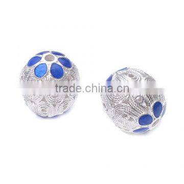 200pcs Silver Enameled Brass Beads Hollow Blue Flower ethnic jewelry handmade bead 14.1*15.4mm