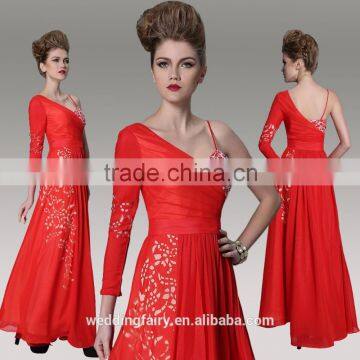 Customized manufacturer one-shoulder long sleeve red evening dress