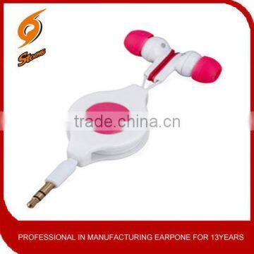 Promotional earphones with retractable cord colorful from factory for promotion