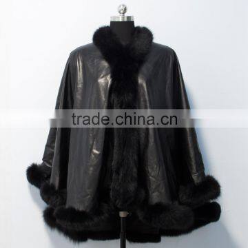 2015 new fashion leather cape with straight fox fur trim