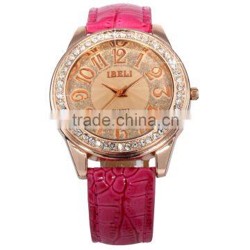 Women's Fashion Rhinestone Rose Gold Crystal Pink Leather Bracelet Quartz Watch