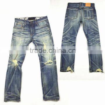 Custom High quality vintage wash distressed Japanese selvedge jeans denim selvedge denim jeans(LOTR017)