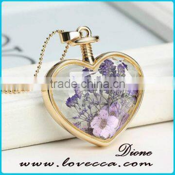 Transparent Heart Necklaces Pendant Gold Chain Necklace Dried flower 2017 Heart Locket Necklaces For Women