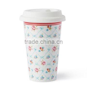 12oz Pink Flower Design Ceramic Double Wall Tumbler photo-2