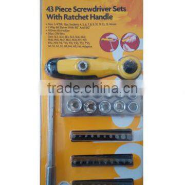 43pcs ratchet wrench tools set with sockets and bits , blister card package