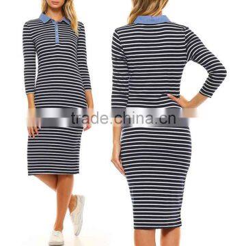 OEM Stylish Casual Wear STRIPE KNIT Bodycon Midi Dress WITH DENIM COLLAR TRIM