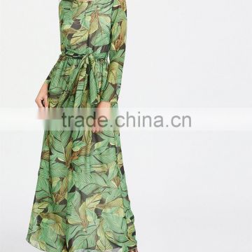 clothing/women dresses/Palm Leaf Print Self Tie Maxi Chiffon Dress