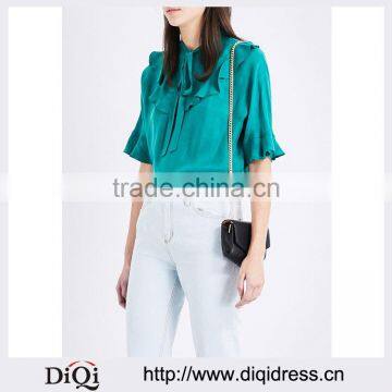 Customized Wholesale Lady's High Neck Short Sleeves Ruffled-trim Woven Top(DQM010T)