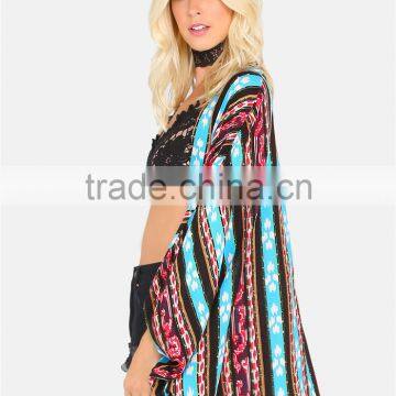 Custom Design Colorful Tribal Striped Dolman Kimono With Curved Hem Caplet Style Ladies Beachwear photo-4