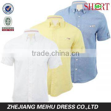 2016 Linen Chambray Mens button down short sleeve casual shirt for summer